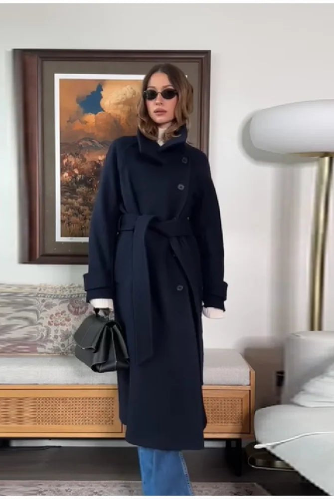 Feline Long Belted High Collar Womens Coat - Stylish Winter Outerwear 2