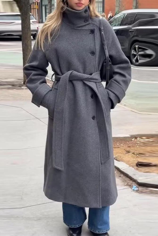 Feline Long Belted High Collar Womens Coat - Stylish Winter Outerwear 3