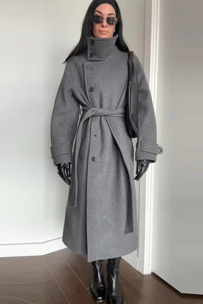 Feline Long Belted High Collar Womens Coat - Stylish Winter Outerwear 4