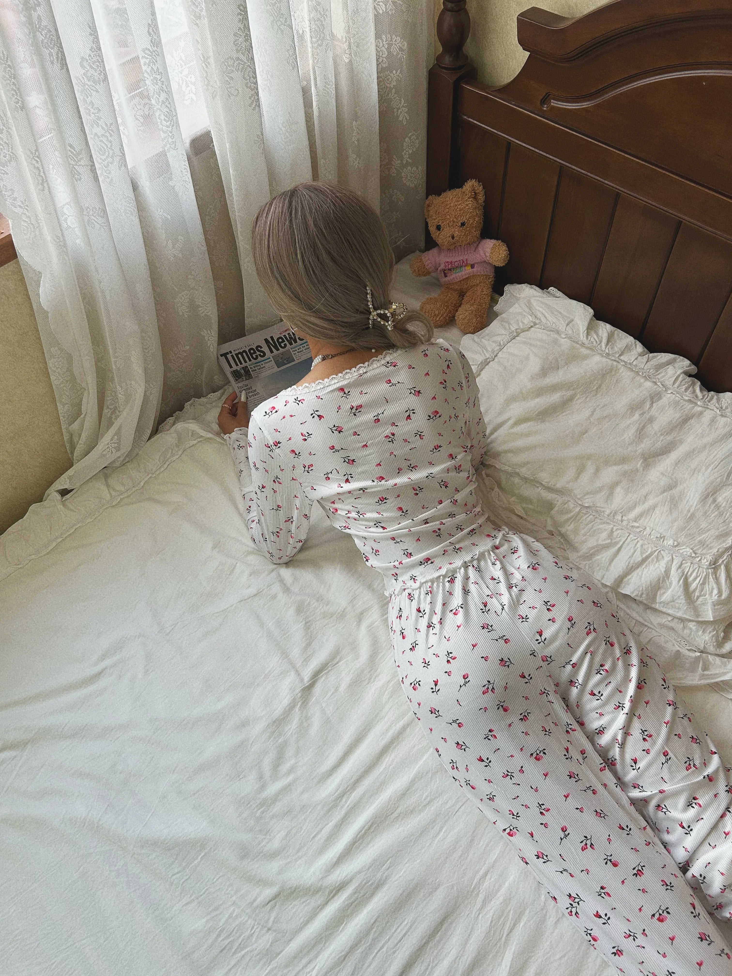 French Floral Women's Pajama Set - Long Sleeve Lace Trim V-Neck & Pants - Best Pajamas for Women 5