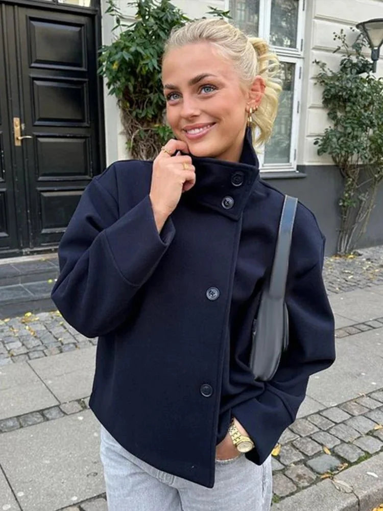 SEAME - Rosalia Elegant Lady Women's Jacket with Stand Collar for Autumn Style Navy Blue S