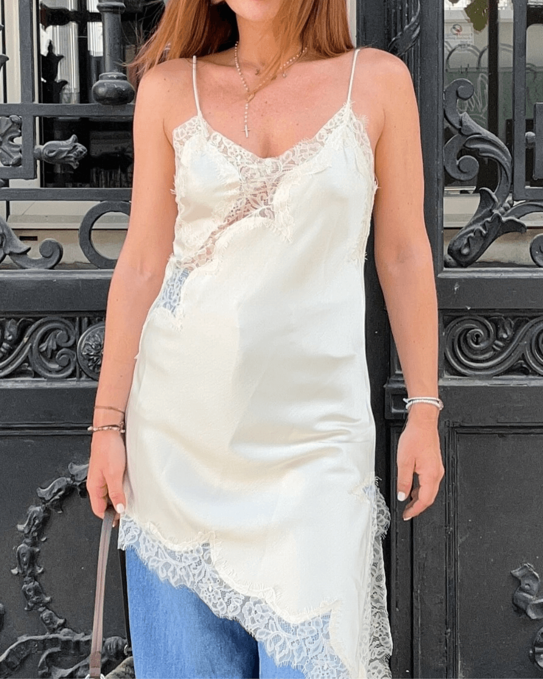 Soera Arah Asymmetric Satin Lace Midi Dress