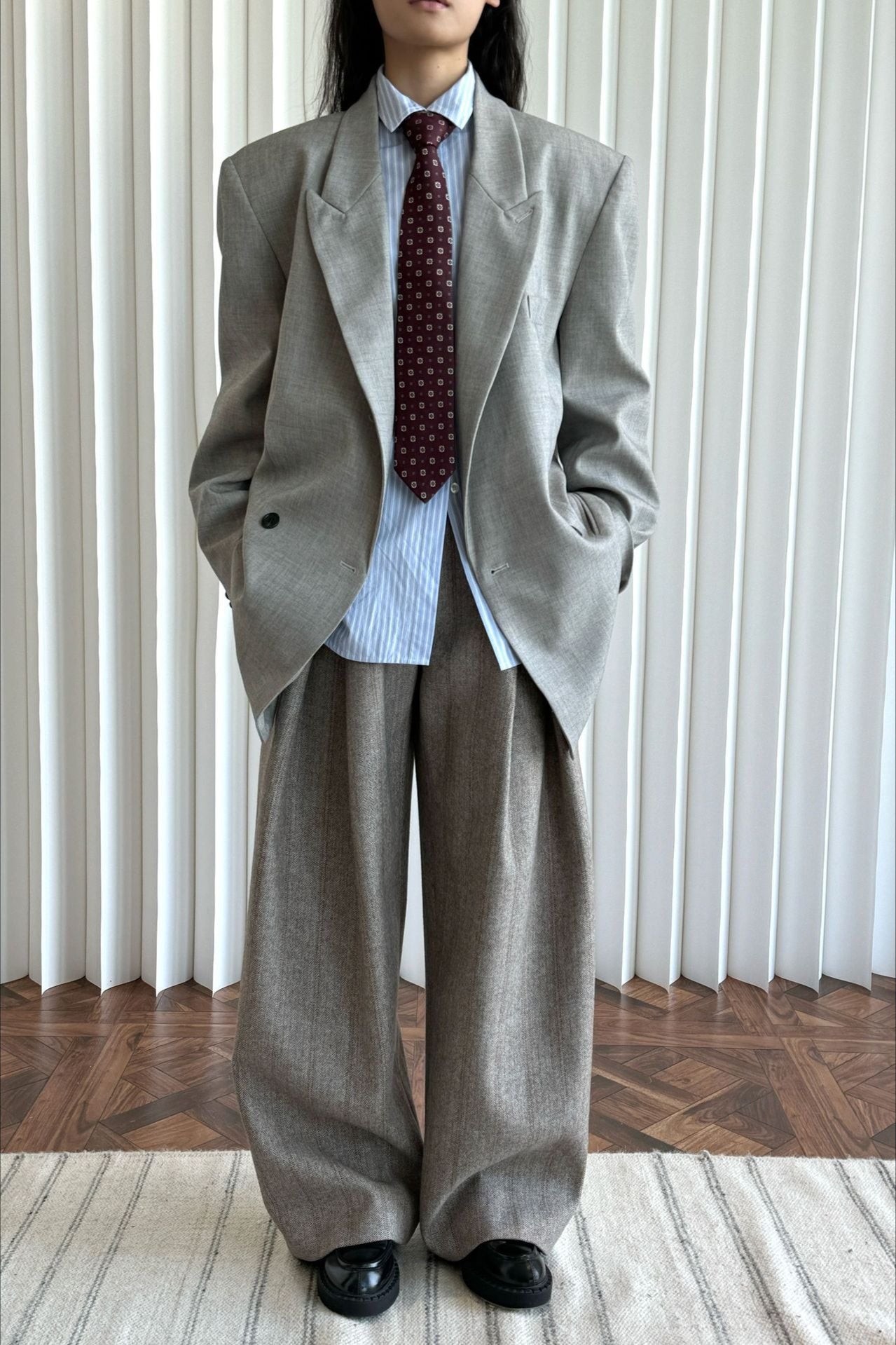 Structured Wide Shoulder Blazer With Lapel Collar - Loose Fit, Long Sleeve, Polyester Viscose Blend 2