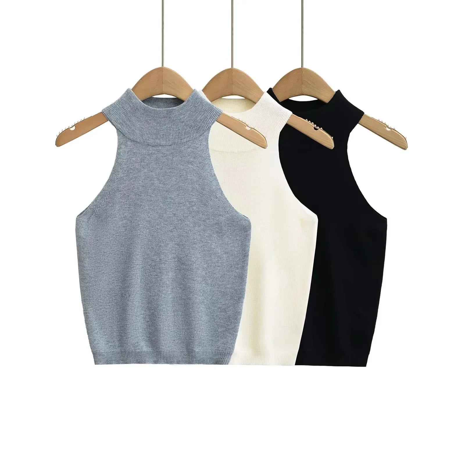 Trendy Women's Sleeveless Mock Collar Crop Top - Cotton Blend Color Block 1
