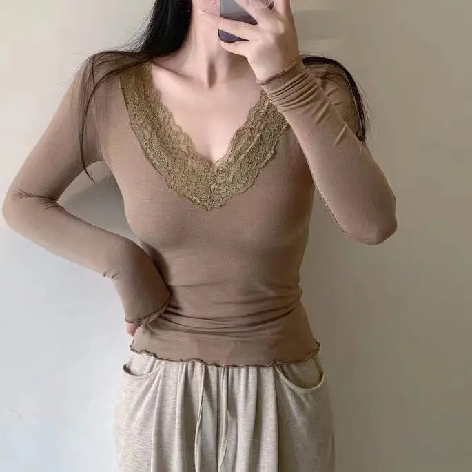 White Lace V-Neck Women's Blouse - Long Sleeve Elegant Shirt for Women 3