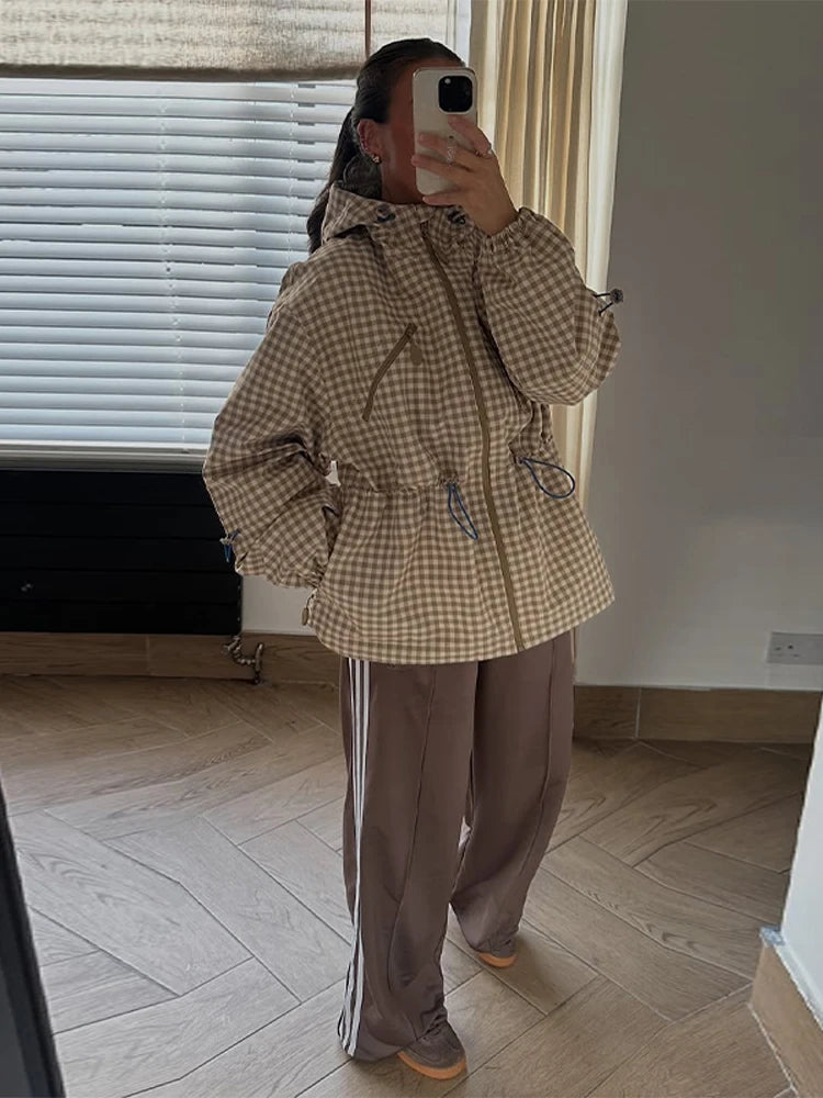 Women's Plaid Hooded Jacket - Casual Long Sleeve Zipper Coat with Drawstring Waist for Daily Wear 2