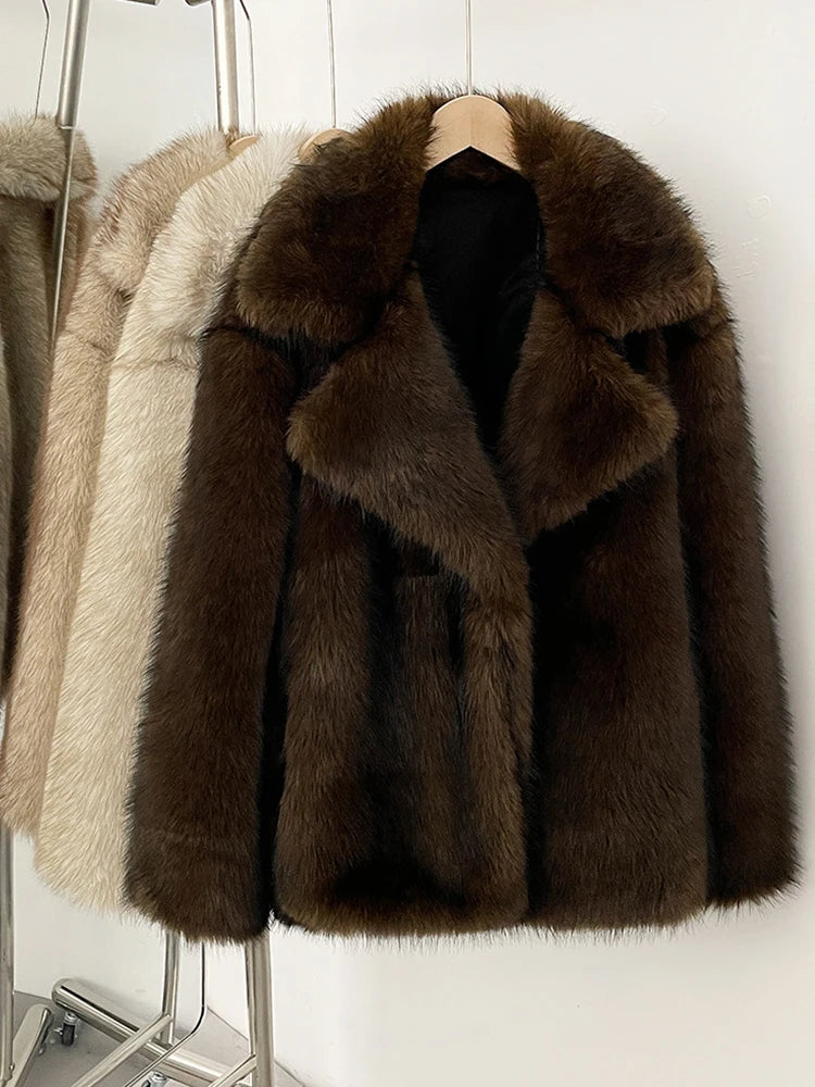 Womens Faux Fur Jacket - Thick Warm Long Sleeve Winter Coat in Khaki 6