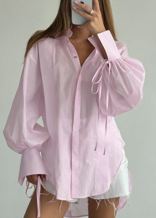 SOERA Isabella Oversized Ribbon - Tie Puff Sleeve Shirt - Blouse - Pink S