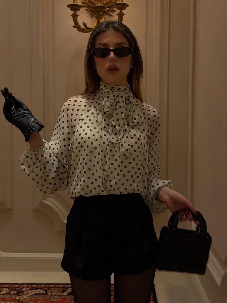 SOERA Sofia High Collar Polka Dot Blouse - Blouse - White M