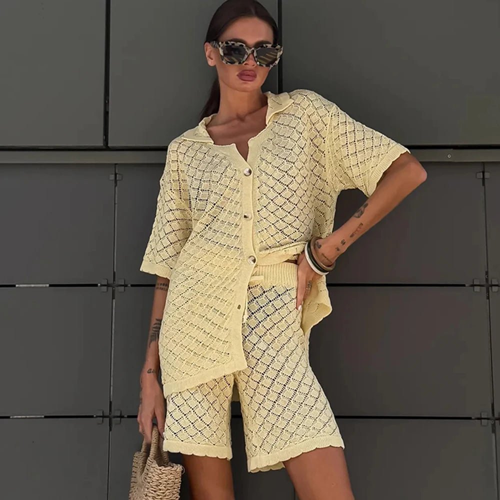 SOERA Selene Knit Cardigan Shorts Set - Cardigan - Yellow M