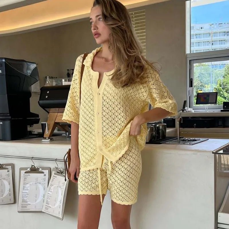 SOERA Selene Knit Cardigan Shorts Set - Cardigan - Yellow S