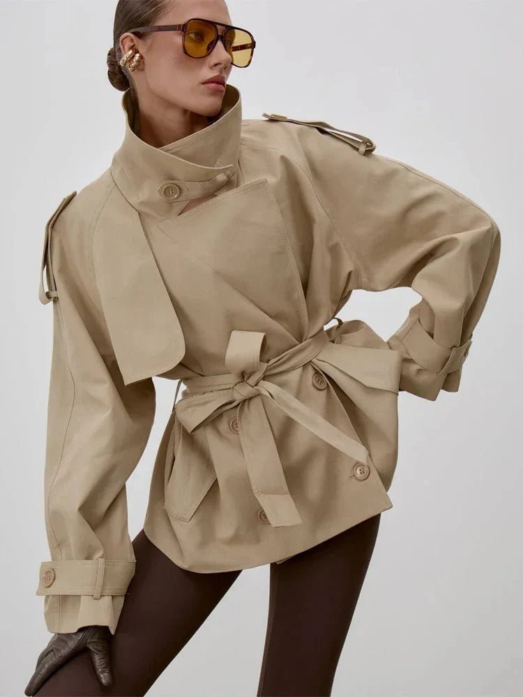 SOERA Octavia Lace - Up Stand Collar Trenchcoat - Coat - Beige S