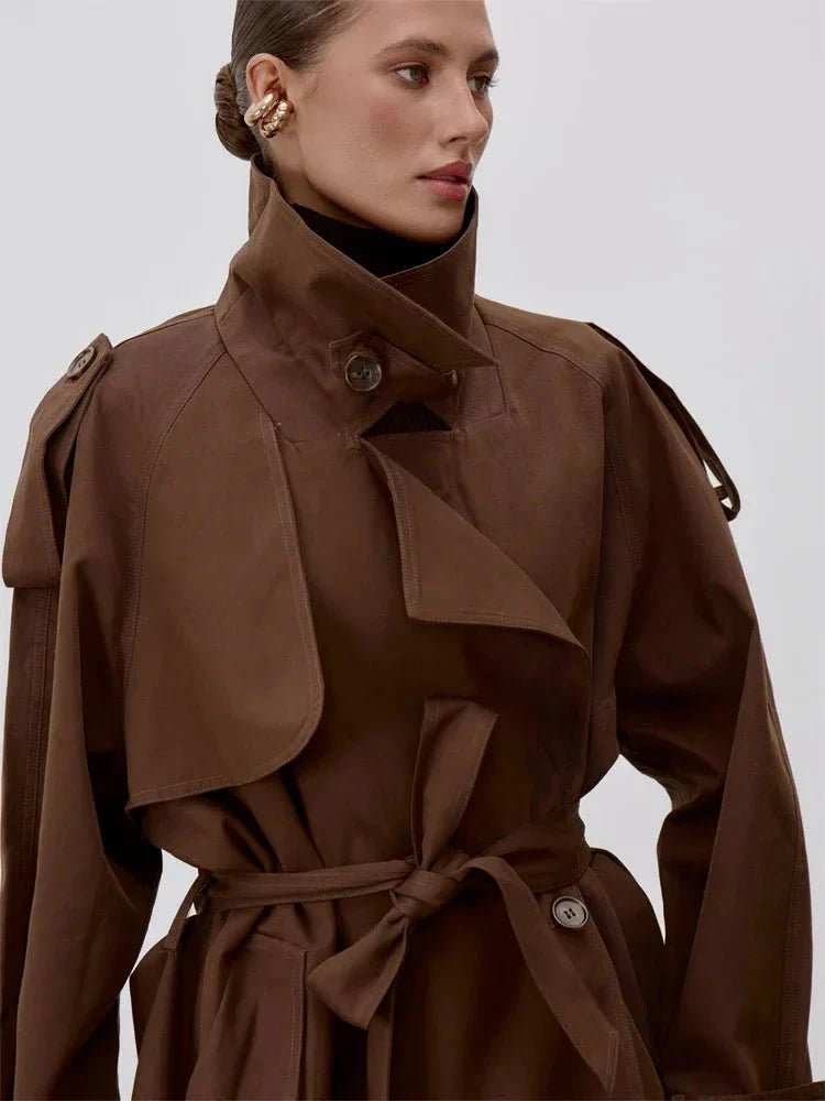 SOERA Octavia Lace - Up Stand Collar Trenchcoat - Coat - Brown S