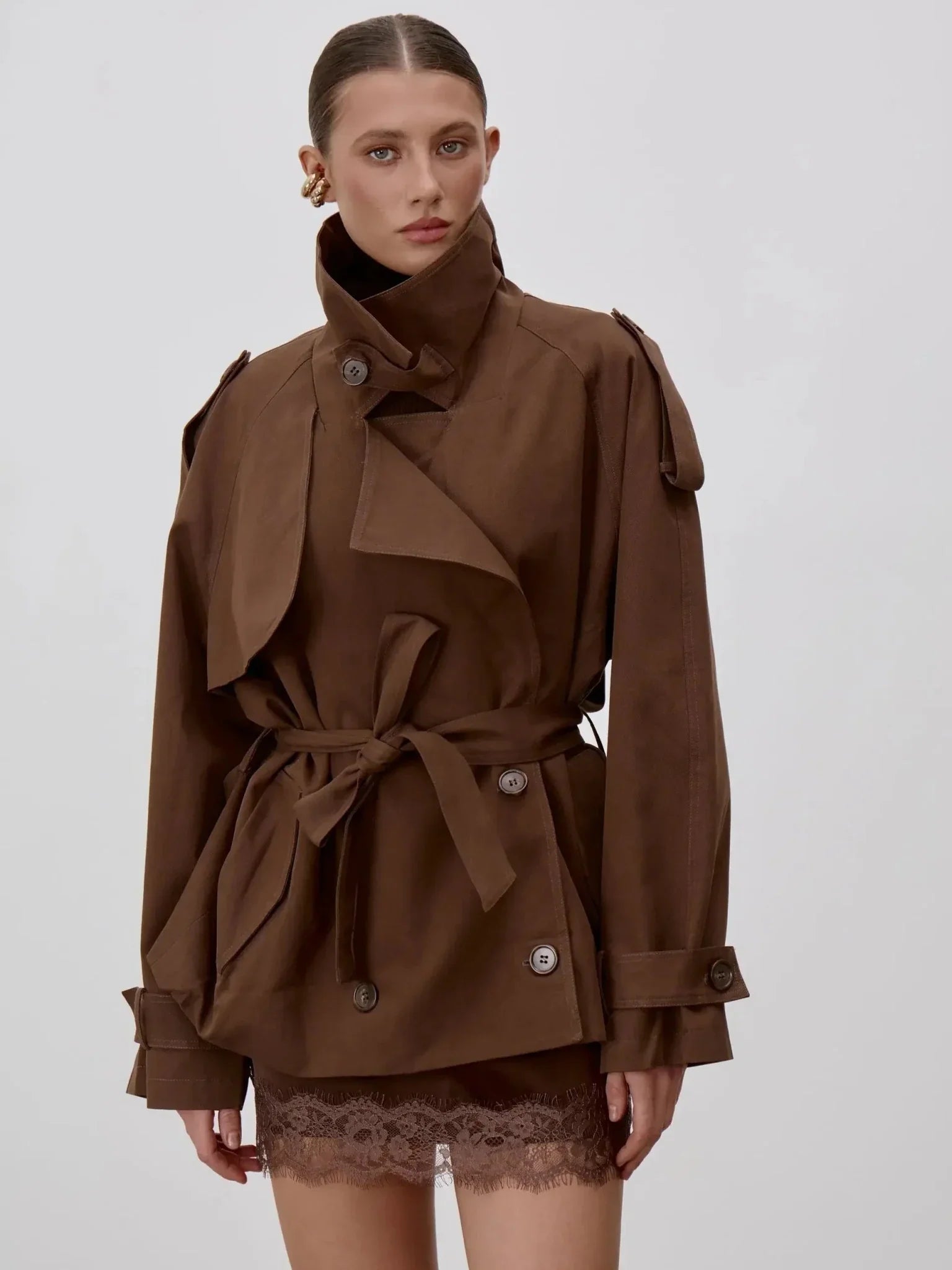 SOERA Octavia Lace - Up Stand Collar Trenchcoat - Coat - Brown S
