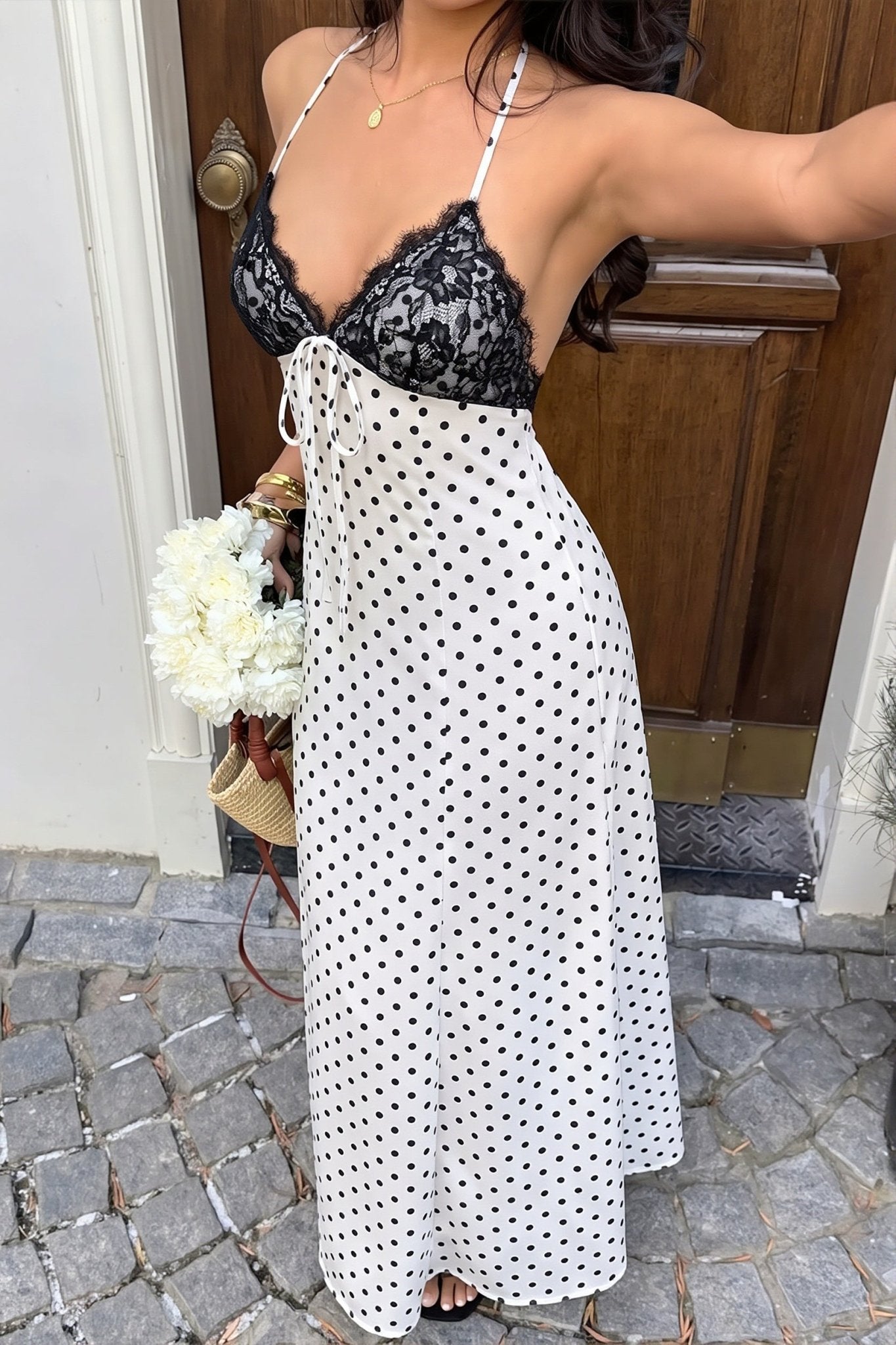SOERA Zoe Polka Dot Halter Maxi Dress - Dress - SOERA-358339-WHI-M-05251 White M
