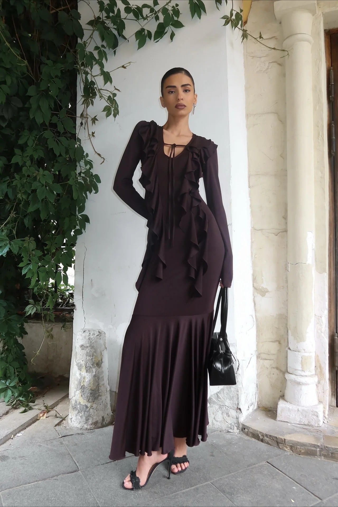 SOERA Arielle Ruffled Long - Sleeve Maxi Dress - Dress - Brown S