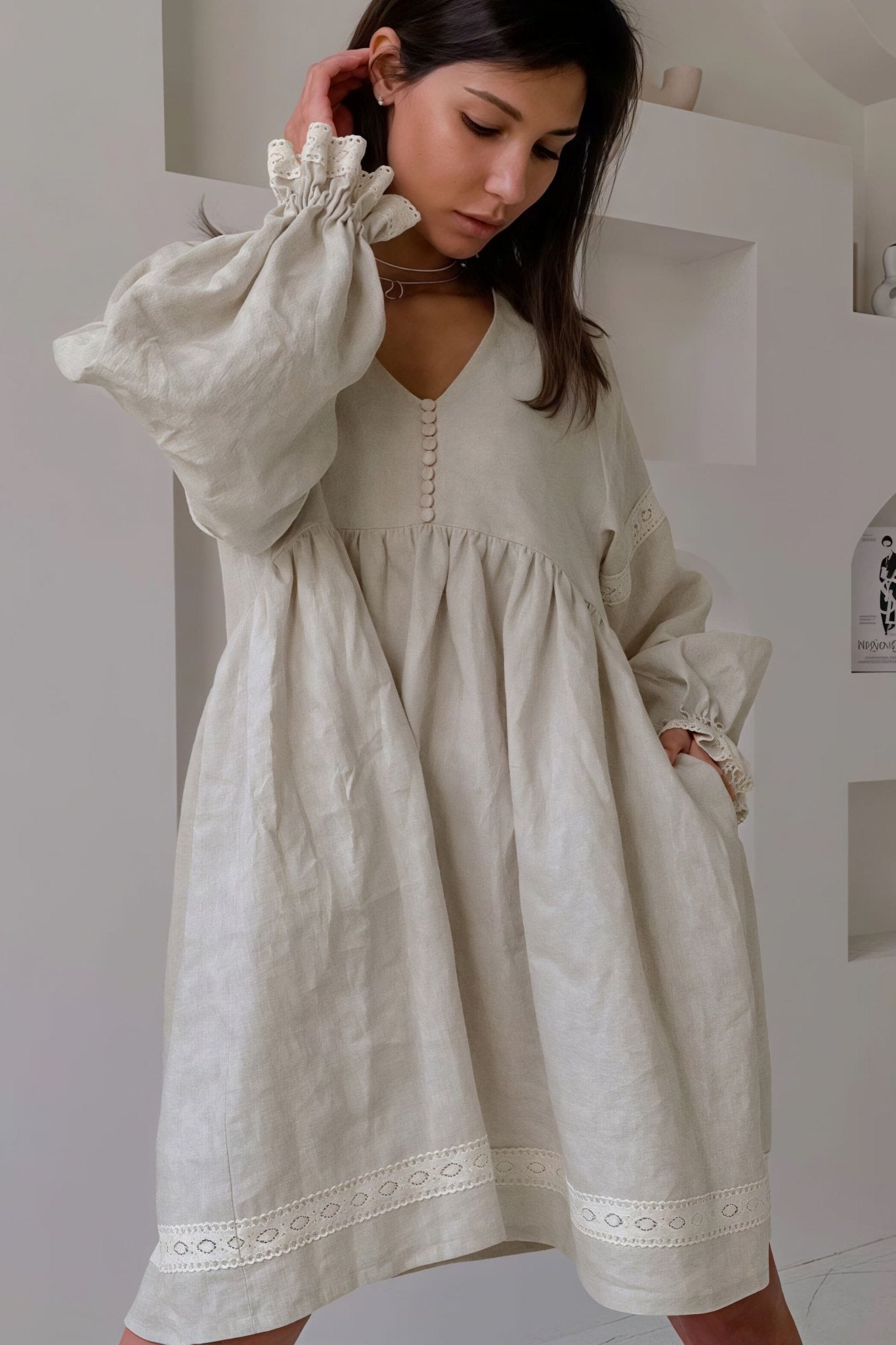 SOERA Beatrice Cotton Linen V - Neck Lantern Sleeve Mini Dress - Dress - Khaki M