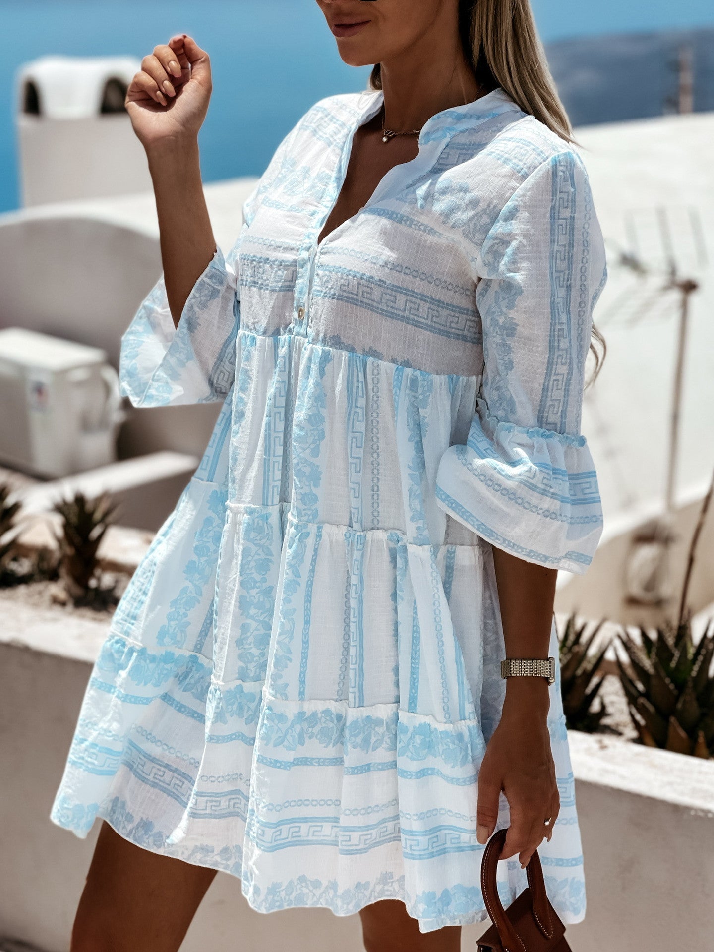 SOERA Beatrice Ruffle Boho Striped Mini Dress - Dress - Blue L