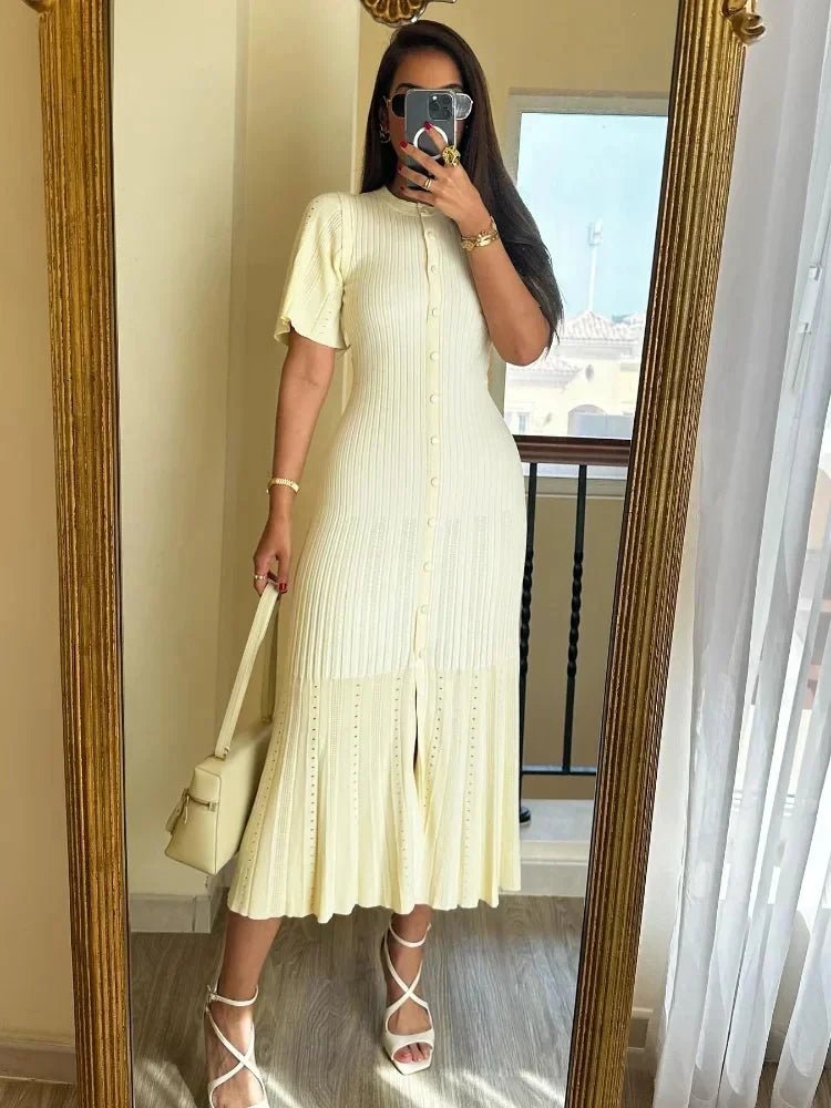 SOERA Bianca Bell Sleeve Pleated Knit Midi Dress - Dress - Beige L