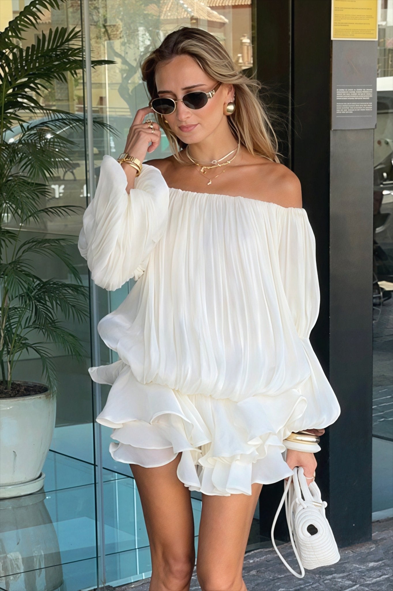 SOERA Bianca Off - Shoulder Ruffle Tiered Mini Dress - Dress - White S