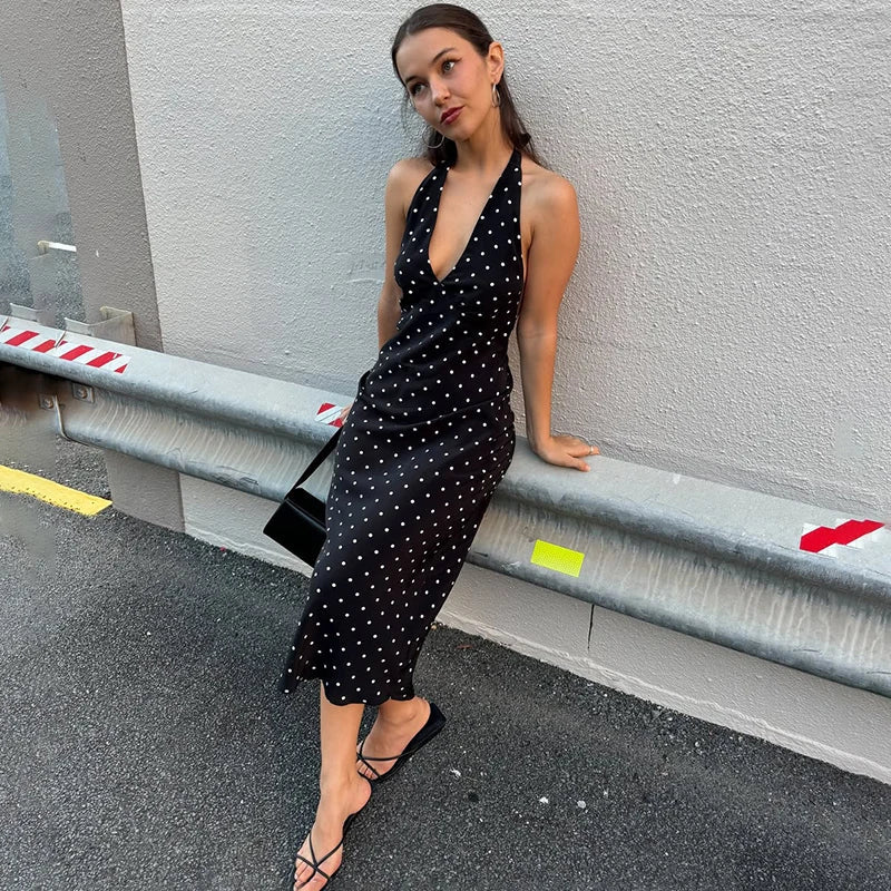 SOERA Bianca Polka Dot Halter Maxi Dress - Dress - Black L