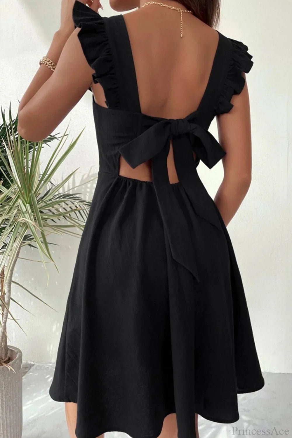 SOERA Bianca Sleeveless Mini Dress with Ruffle Tie - back - Dress - Black S