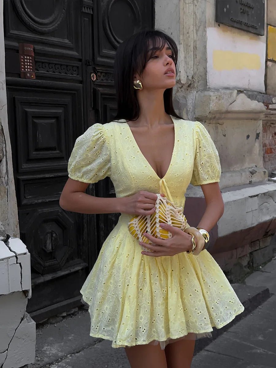 SOERA Bianca V - Neck Puff Sleeve Mini Dress - Dress -