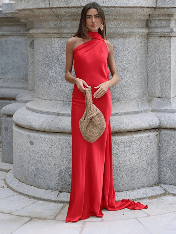 SOERA Demetra Satin Halter Backless Evening Gown - Dress - Red S