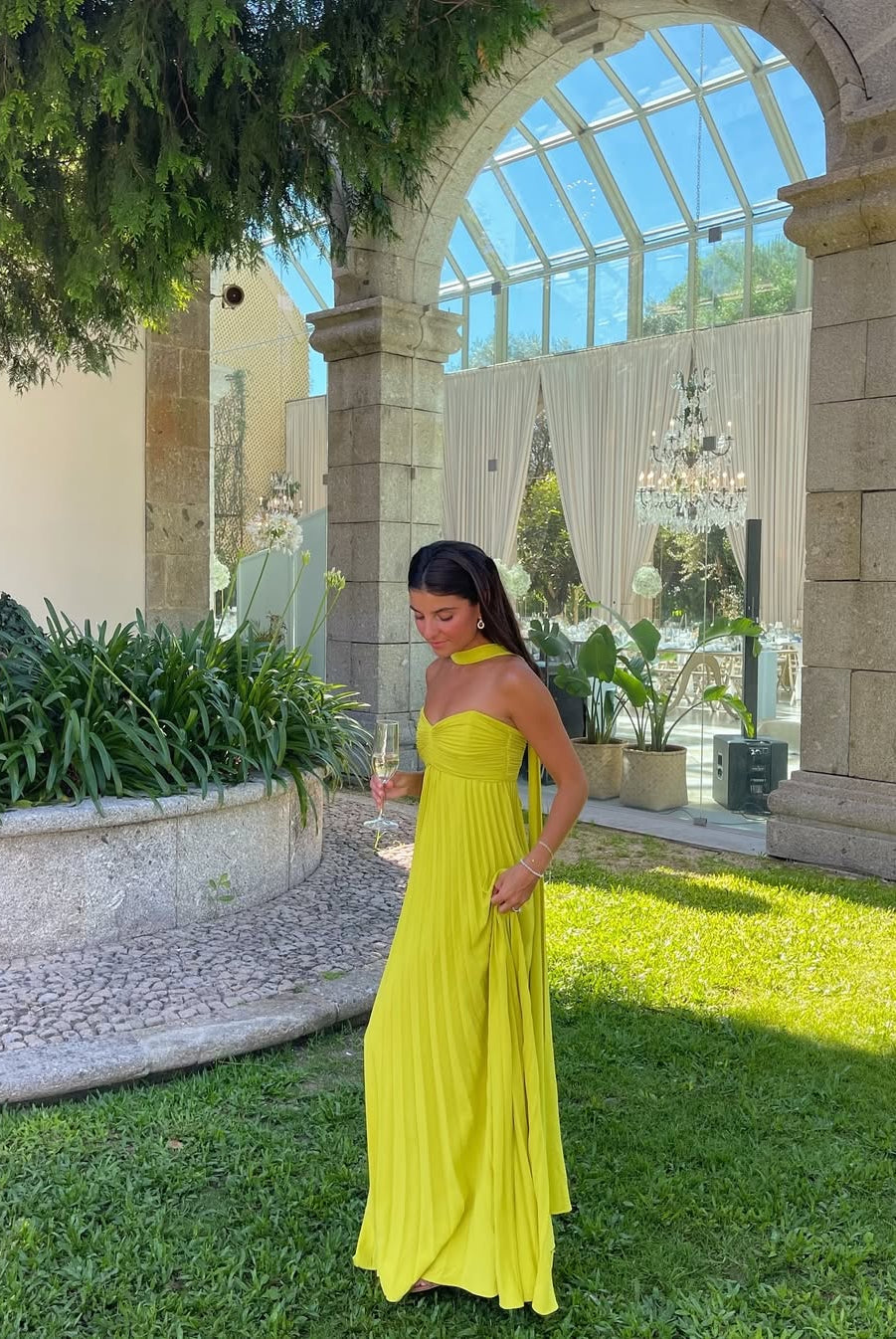 SOERA Diana Halter Ruched Maxi Dress with Scarf - Dress - SOERA-795907-LIM-S-10435 Lime Yellow S