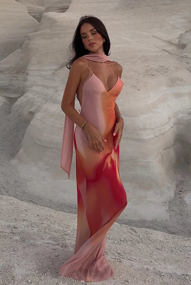 SOERA Elena Open-Back Ombre Satin Maxi Dress - Dress - SOERA-614339-ORA-M-87747 Orange M