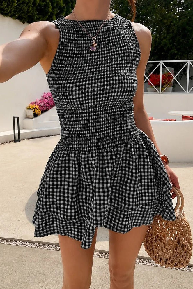 SOERA Hazel Plaid Smocked Mini Dress - Dress - SOERA-258883-BLA-M-22755 Black M