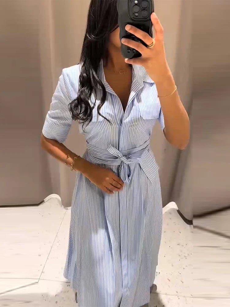 SOERA Katniss Striped Lace - Up Collar Maxi Dress - Dress - Blue XS