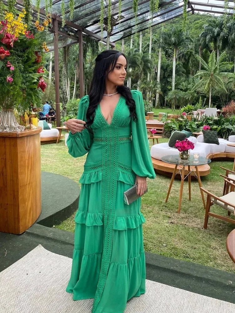 SOERA Molly Deep V - Neck Ruffle Maxi Dress - Dress - Green S