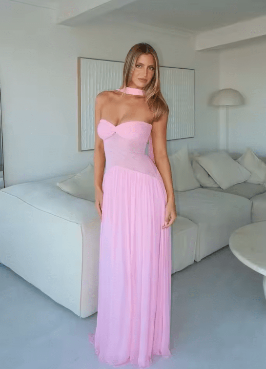SOERA Olivia Mesh Maxi Dress with Scarf - Dress - SOERA-890243-PIN-S-84163 Pink S