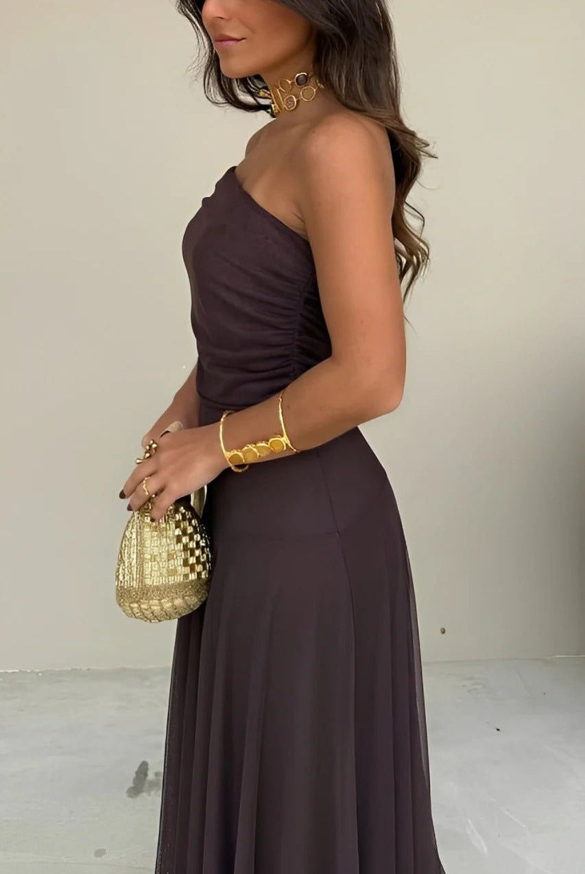 SOERA Sienna Off-Shoulder Ruched Maxi Dress - Dress - SOERA-616515-S-BROWN-71651 Brown S
