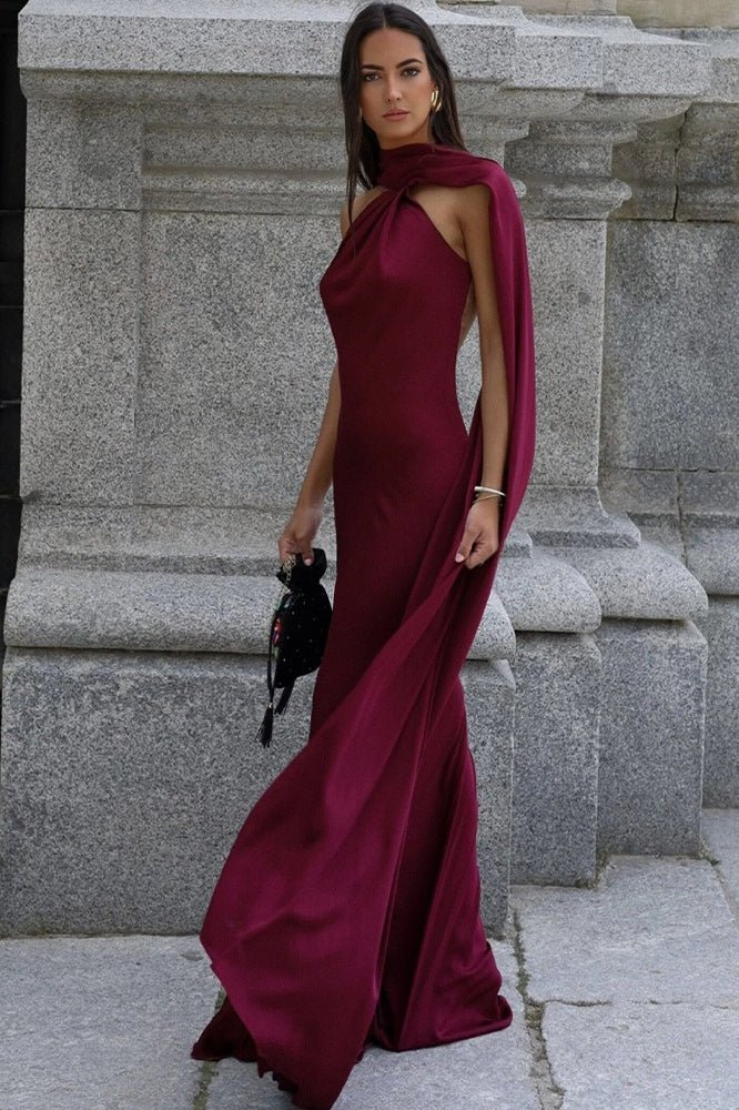 SOERA Suri Satin Halter Neck Cape Dress - Dress - Burgundy S