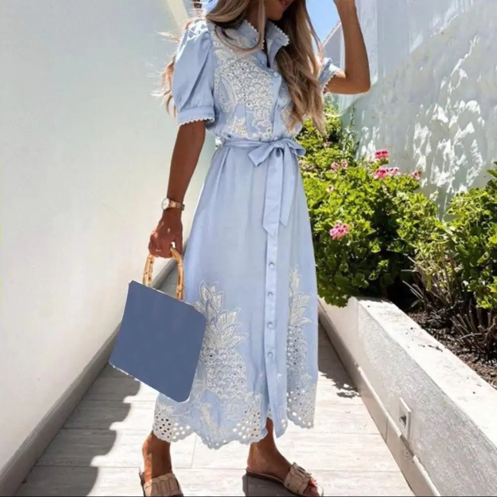 SOERA Theresa Embroidered Lace - Up Maxi Dress - Dress - Light Blue M