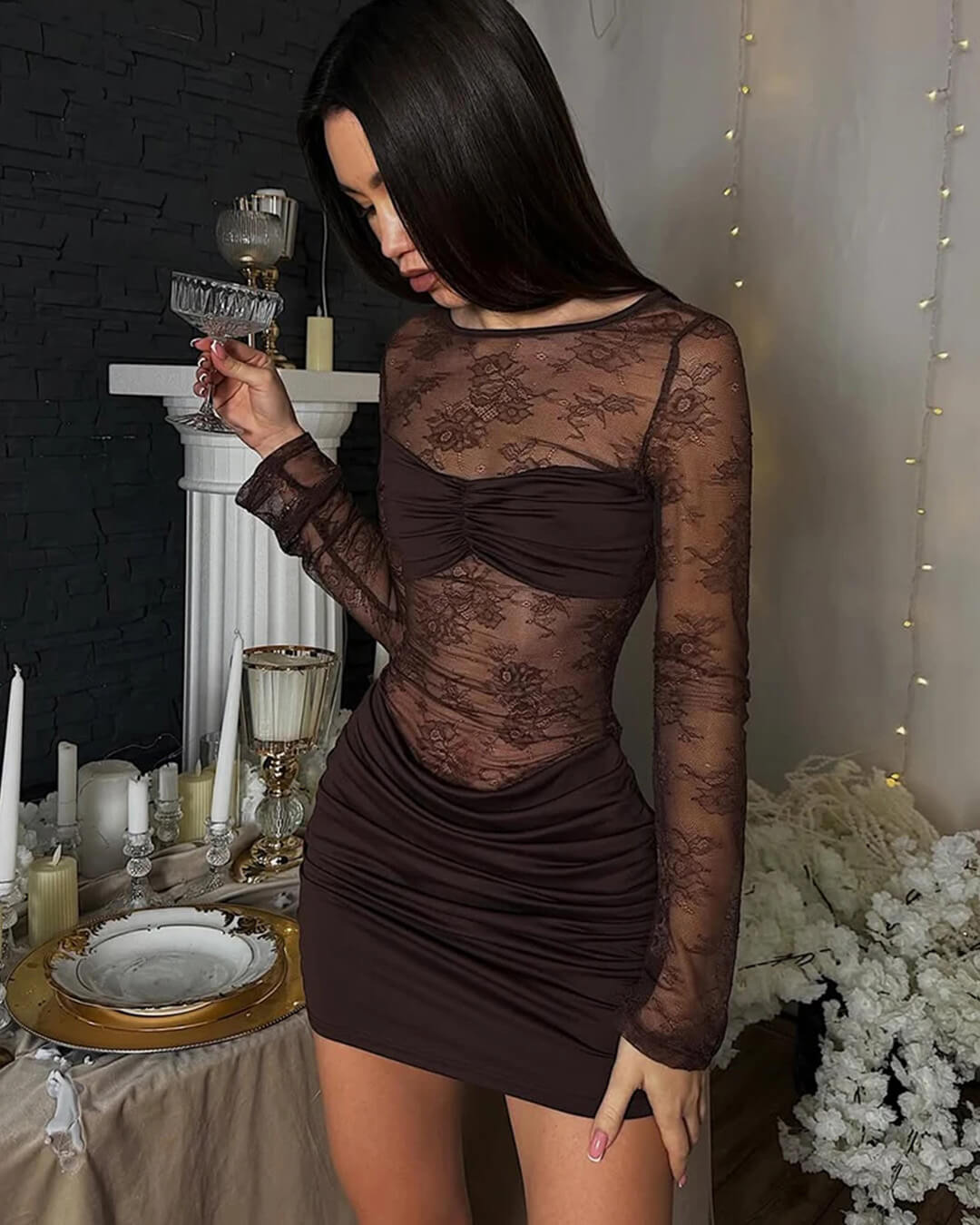 SOERA Angela Backless Lace Mini Dress - Dresses - Brown M