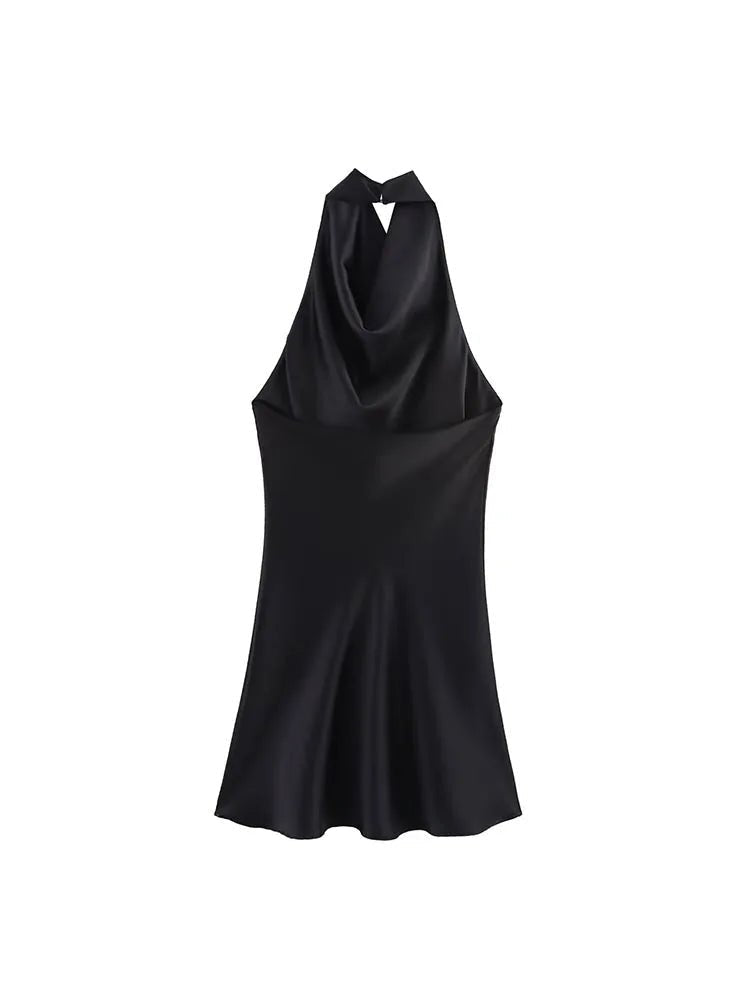 SOERA Colleen Satin Halter Draped Mini Dress - Dresses - 1005009460616044-;Or1763048696714225467 Black L