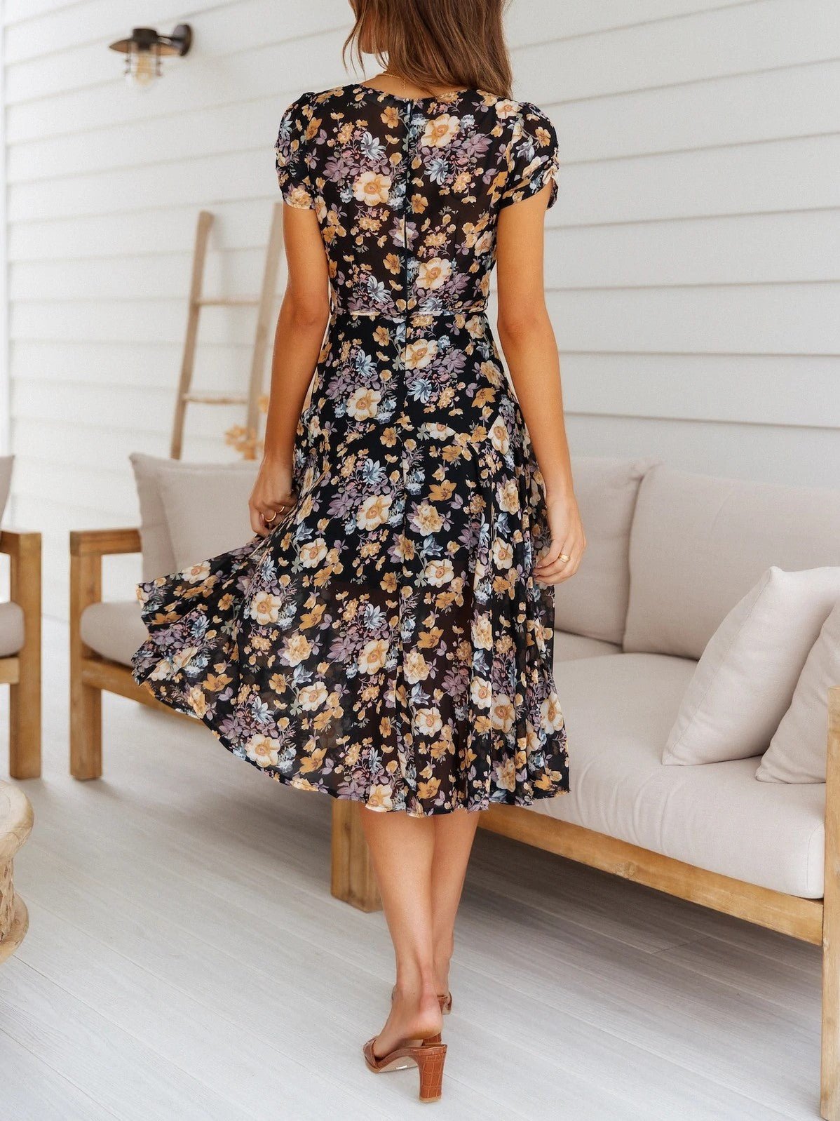 SOERA Mona V - Neck Floral Midi Dress - Dresses - yB1775807456249499457 Black S