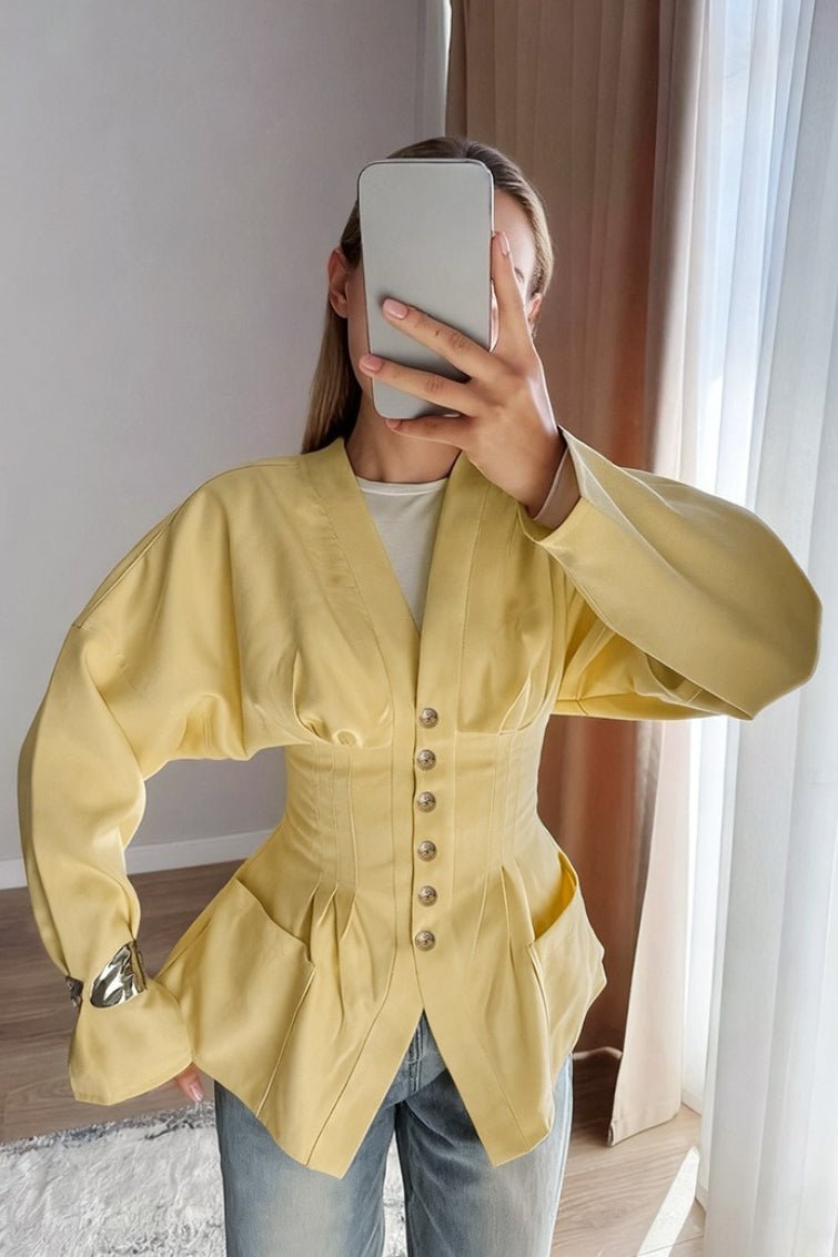 SOERA Beatrice Pleated Slim Vintage Waist Blazer - Jacket - Yellow L