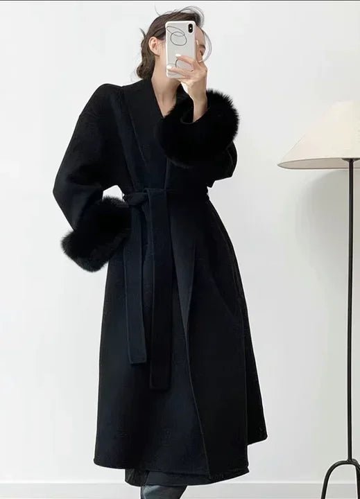 SOERA Wool Wrap Coat with Fox Fur Cuff - Jackets - 3256809512722732-;EG1766845283311695803 Long Black M