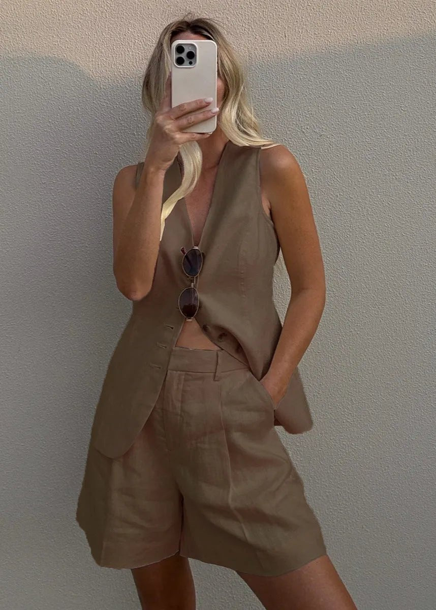 SOERA Bianca Tailored Vest and Shorts Set - Jumpsuit - Brown S