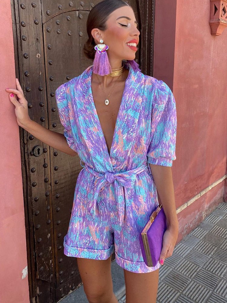 SOERA Bianca Festival Print Belted Playsuit - Jumpsuits & Rompers - Purple M