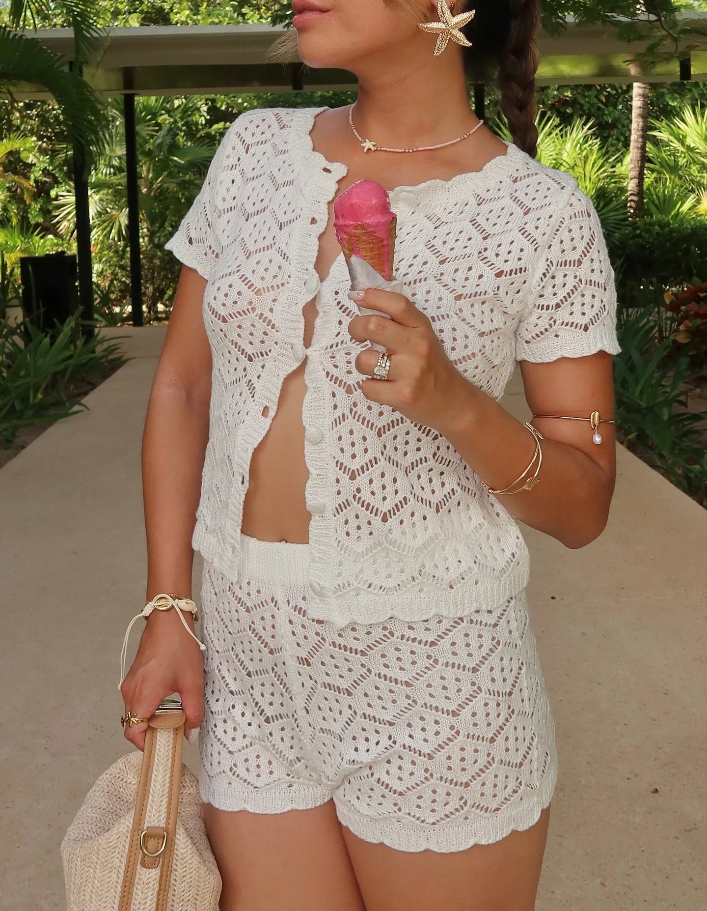 SOERA Aviana Hollow-Out Crochet Two-Piece Set - Matching Sets - White Set S