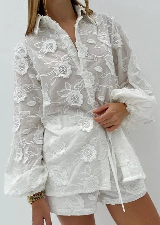 SOERA Beatrice Sheer Embroidered Shirt & High - Waist Shorts Set - Matching Sets - L