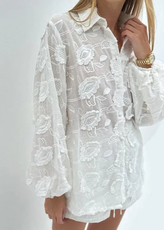 SOERA Beatrice Sheer Embroidered Shirt & High - Waist Shorts Set - Matching Sets - M