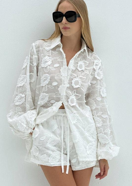 SOERA Beatrice Sheer Embroidered Shirt & High - Waist Shorts Set - Matching Sets - M