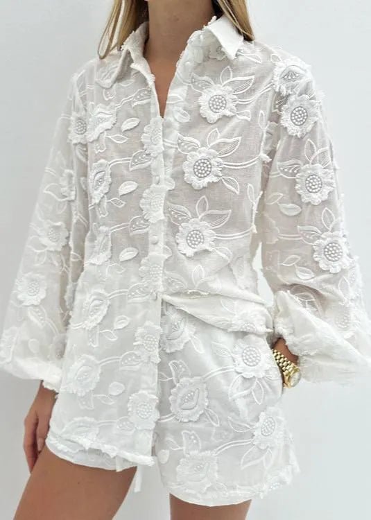 SOERA Beatrice Sheer Embroidered Shirt & High - Waist Shorts Set - Matching Sets - S