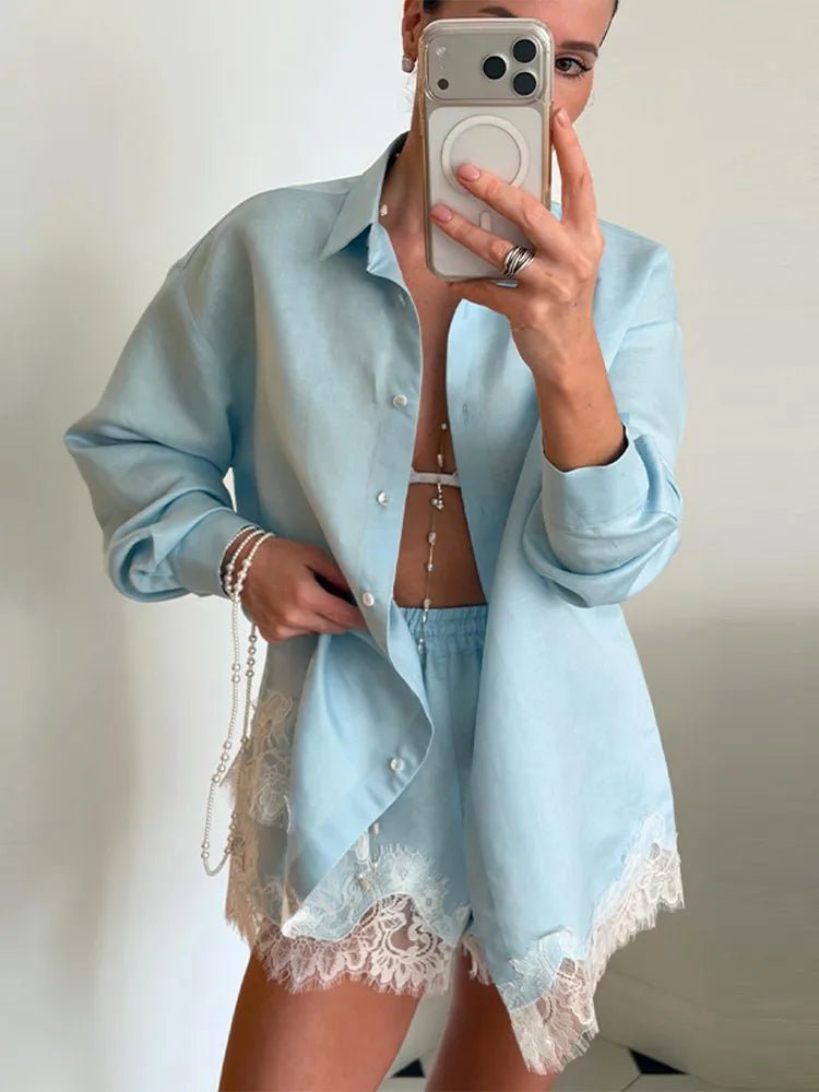 SOERA Celeste Lace Patchwork Beach Shirt Set - Matching Sets - Blue L
